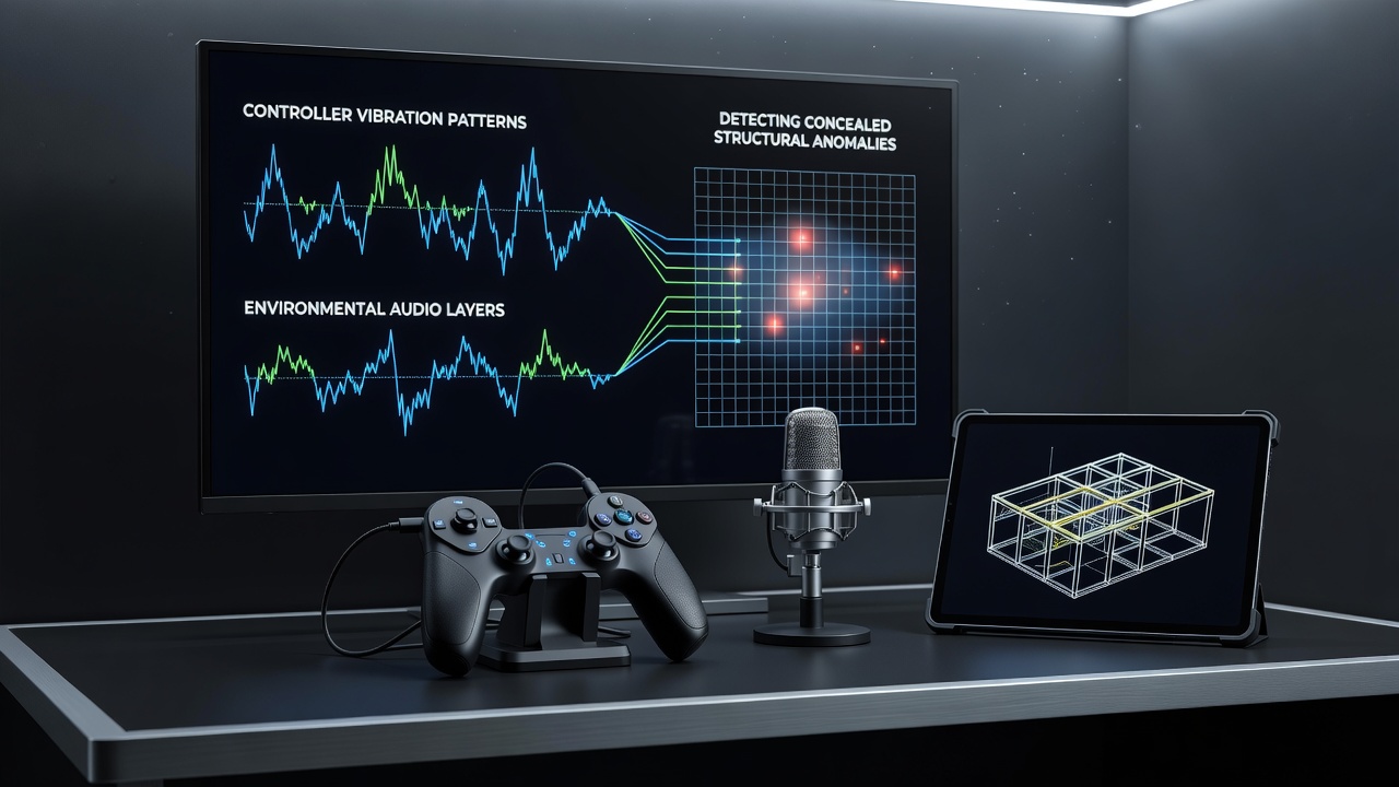 In-game structural analysis overlay displaying synchronized vibration and audio frequency data on a partially demolished building