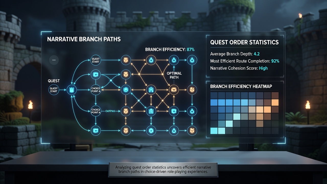 Data visualization showing quest order paths in a role-playing game interface with branching narrative options highlighted
