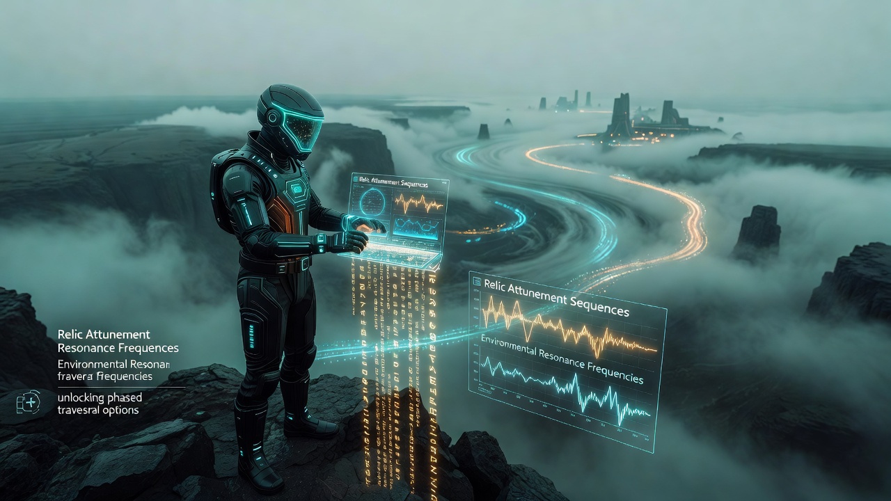 Atmospheric explorer attuning relic near resonant crystal formations in a misty alien valley