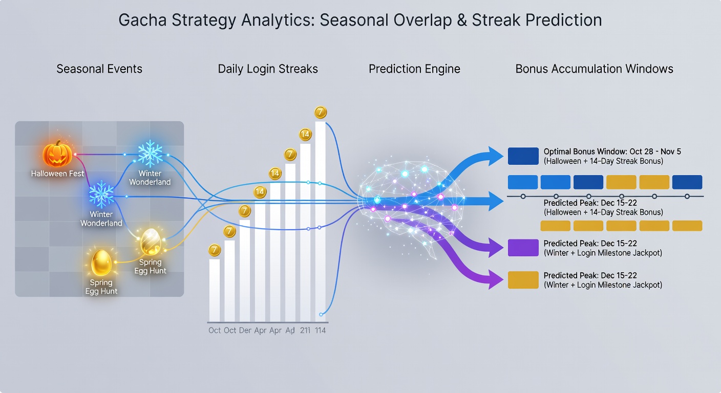 Infographic showing seasonal event calendars overlapping with daily login reward tracks in popular gacha mobile games