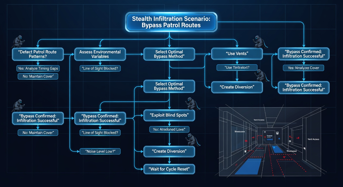 Diagram showing enemy patrol routes mapped against decision tree branches in a stealth game environment