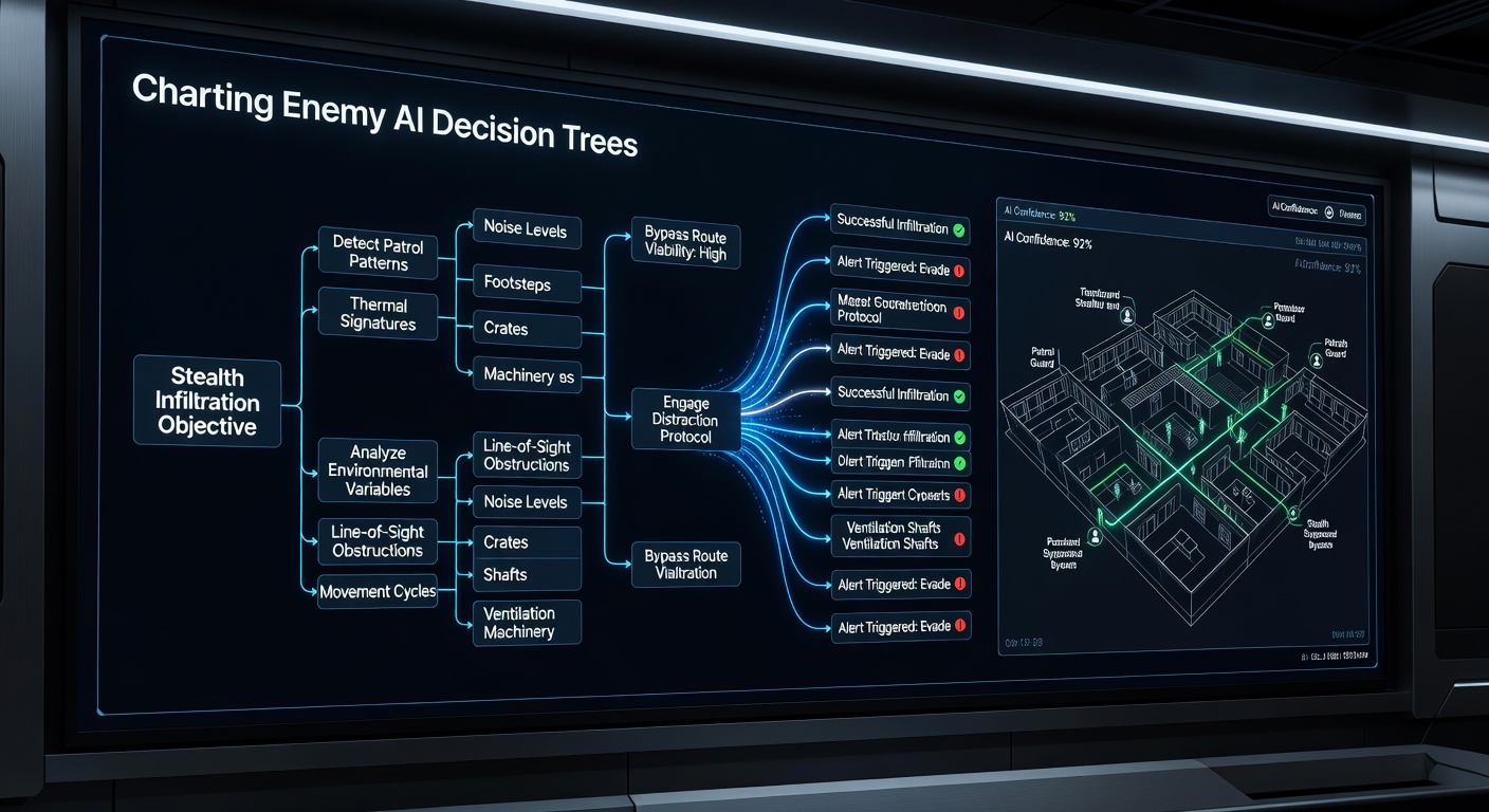 Screenshot of a stealth game level with overlaid AI decision tree flowchart and patrol timing notes