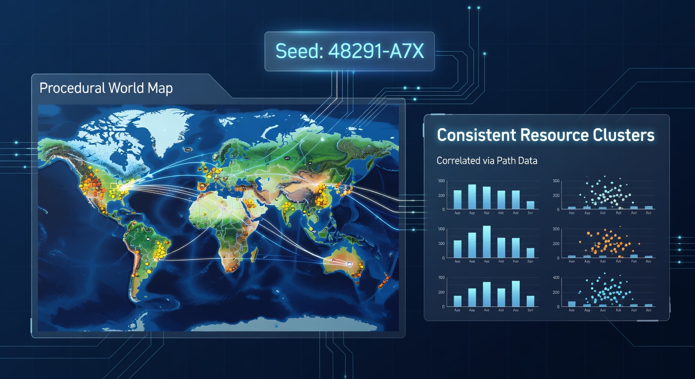 Visualization of procedural generation seeds mapped against aggregated player exploration paths showing resource cluster formations in open-world games