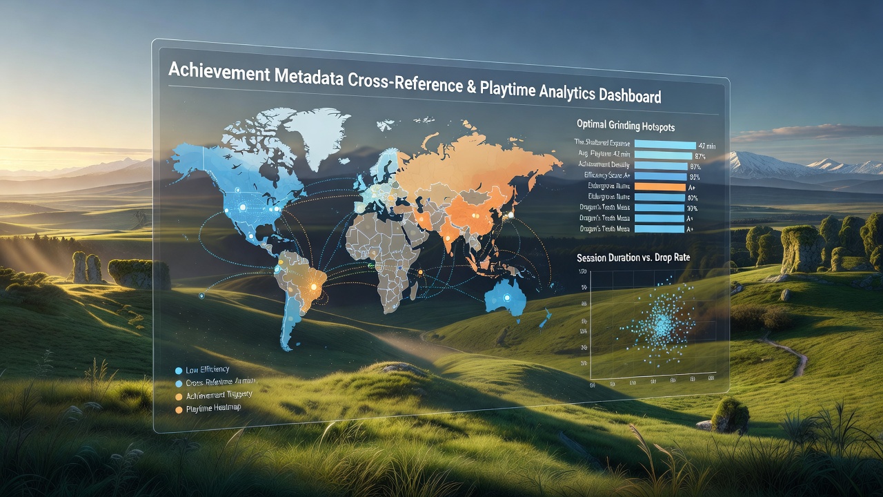 A detailed map overlay showing achievement completion rates and average playtime zones in a fantasy RPG world