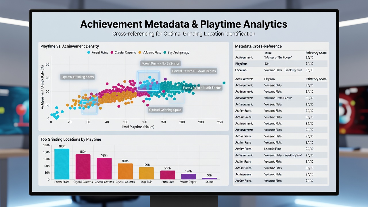 Analytics dashboard displaying playtime versus achievement graphs for various fantasy world regions