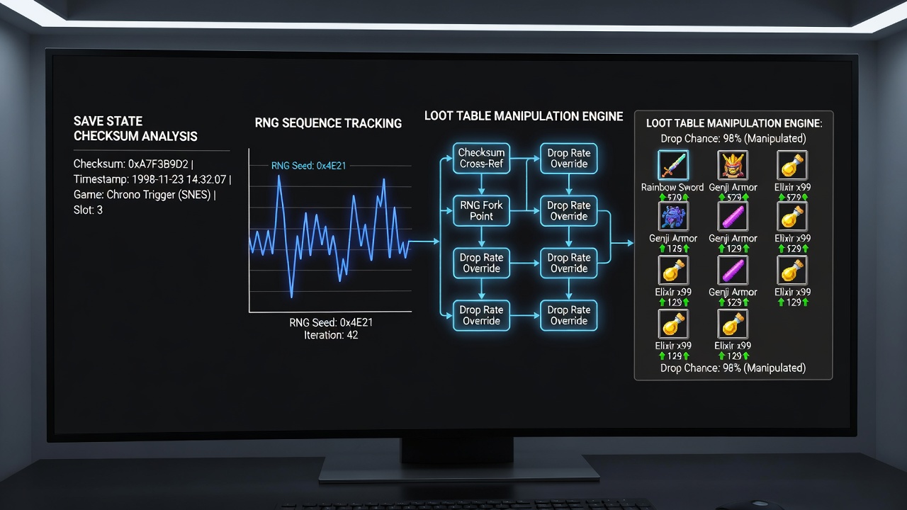 Screenshot of an emulator debugging window displaying aligned checksum values and predicted RNG outputs for loot manipulation