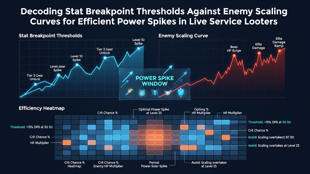 Diagram showing stat breakpoint thresholds plotted against enemy scaling curves in a live service looter environment