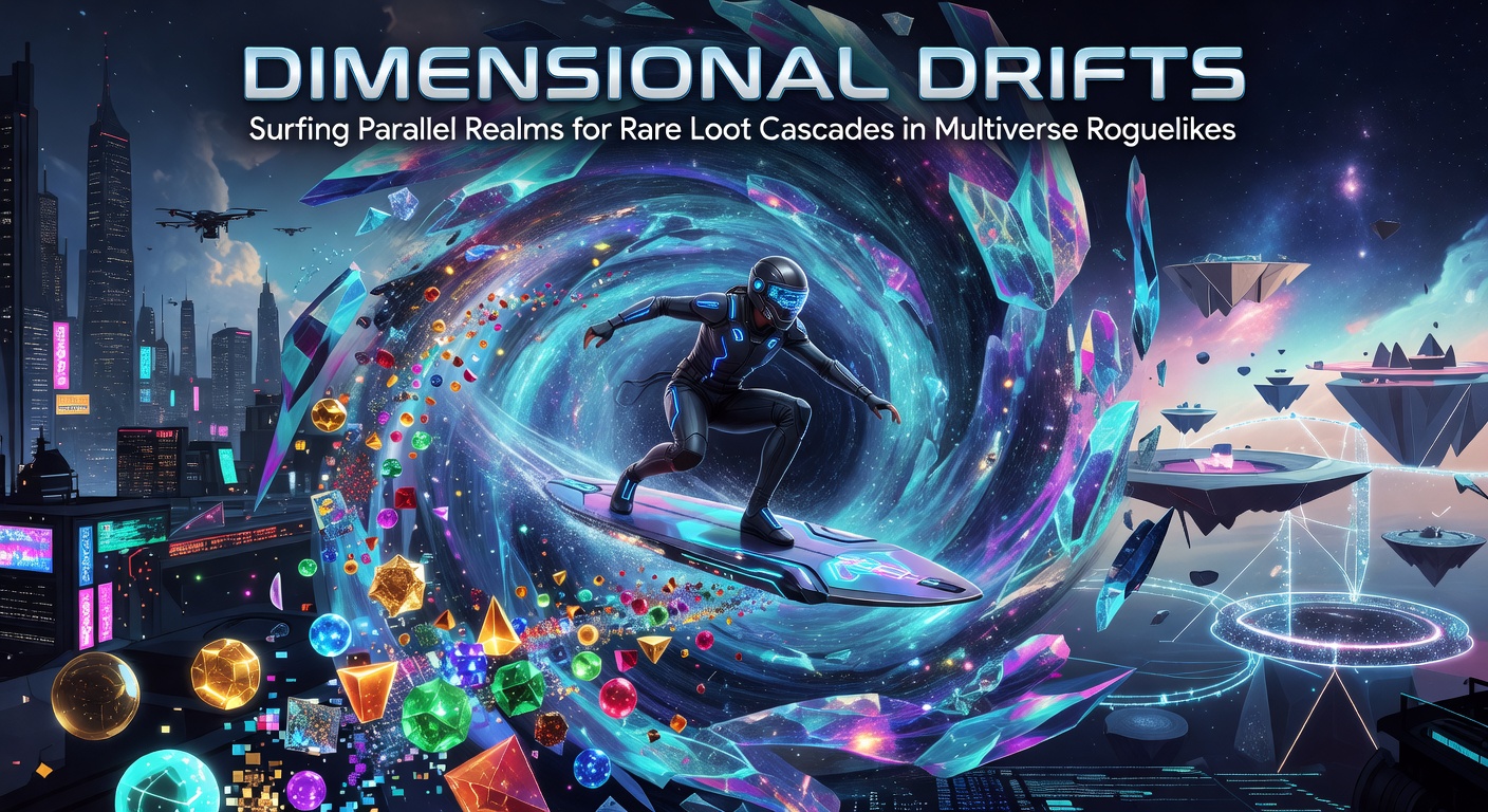 A player character surfing a shimmering dimensional rift between parallel realms in a vibrant multiverse roguelike, loot particles cascading in the background