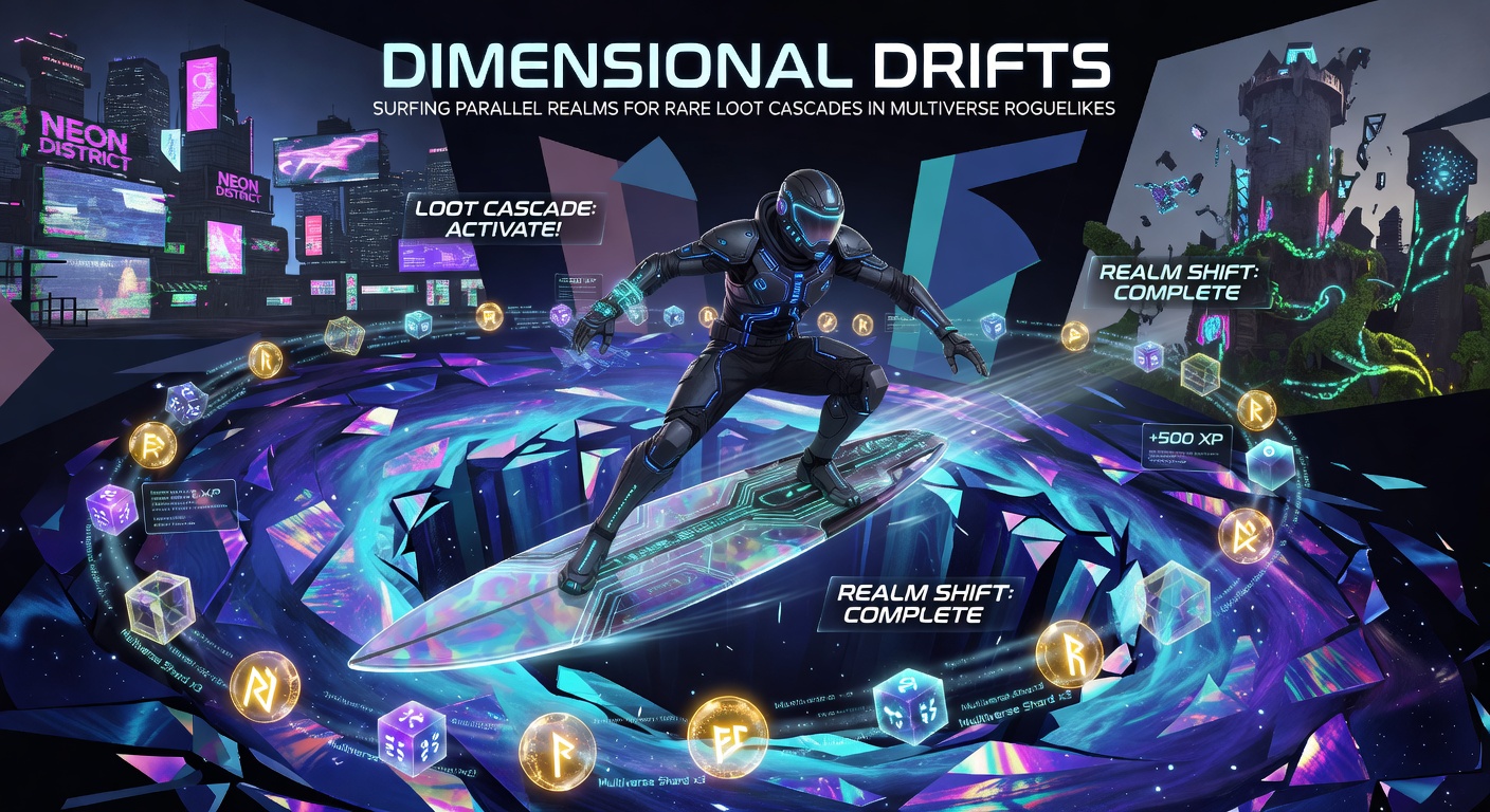 Explosive rare loot cascade erupting from a multi-realm drift alignment in a fast-paced multiverse roguelike, with weapons and artifacts raining down