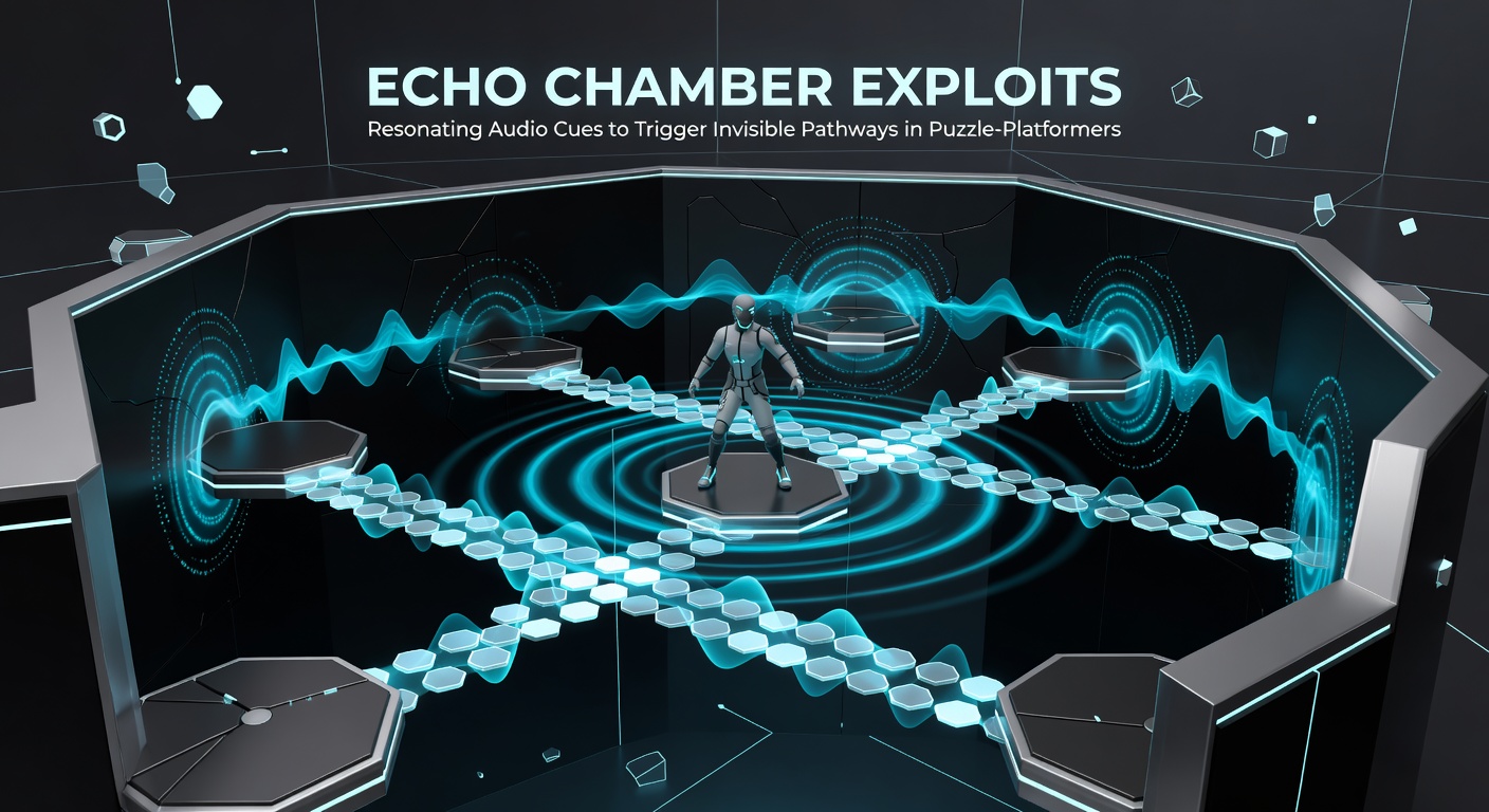 Close-up of an echo chamber in a puzzle-platformer, depicting layered sound visualizations bouncing off walls to illuminate a previously hidden ledge and glowing pathway.
