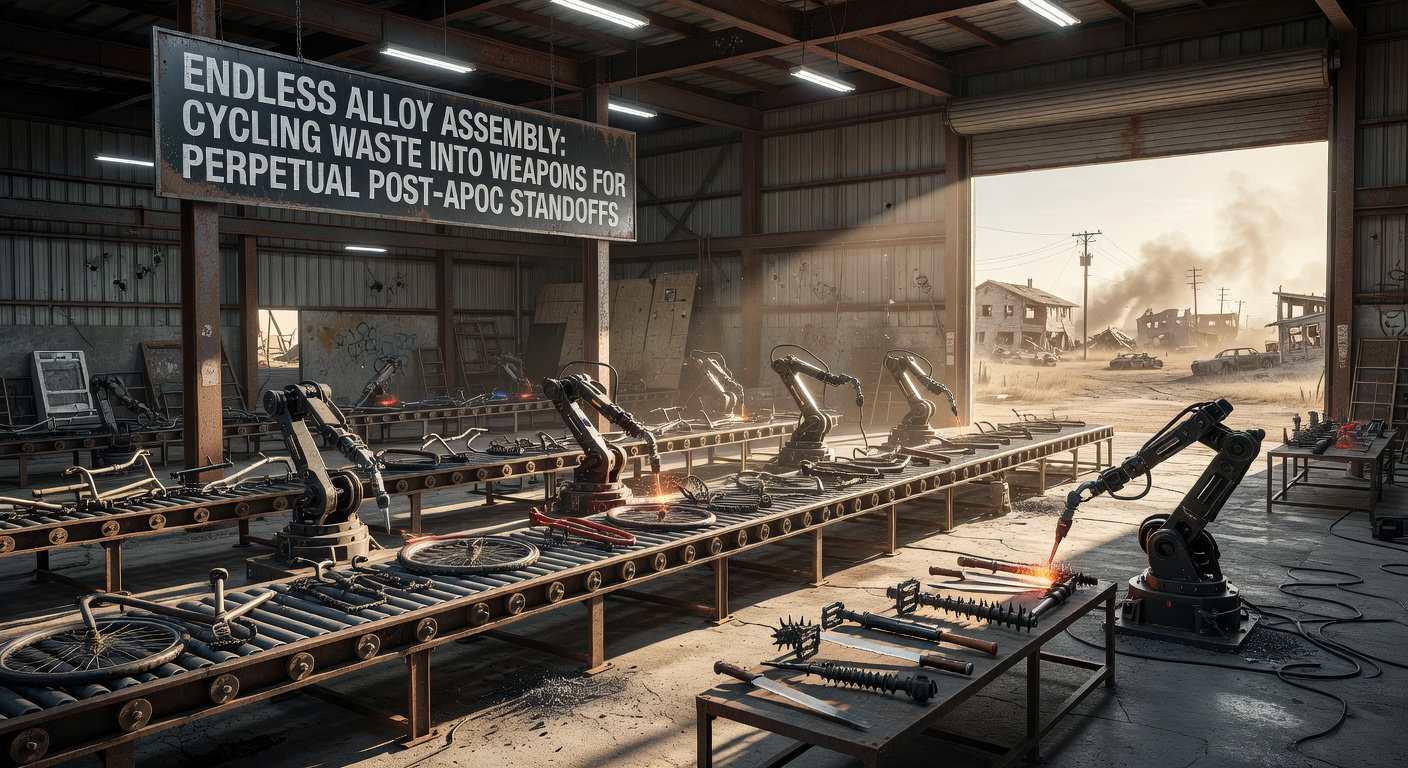 Scrap metal piles transforming into gleaming alloy rifles amid a ruined cityscape, with sparks flying from assembly forges in a post-apocalyptic wasteland