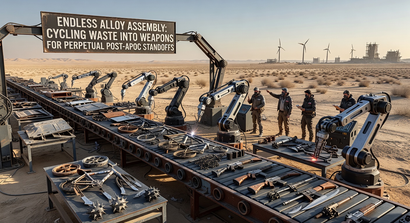 Conveyor belts loaded with scrap feeding into glowing forges, outputting rows of modular weapons ready for deployment in a fortified post-apoc bunker