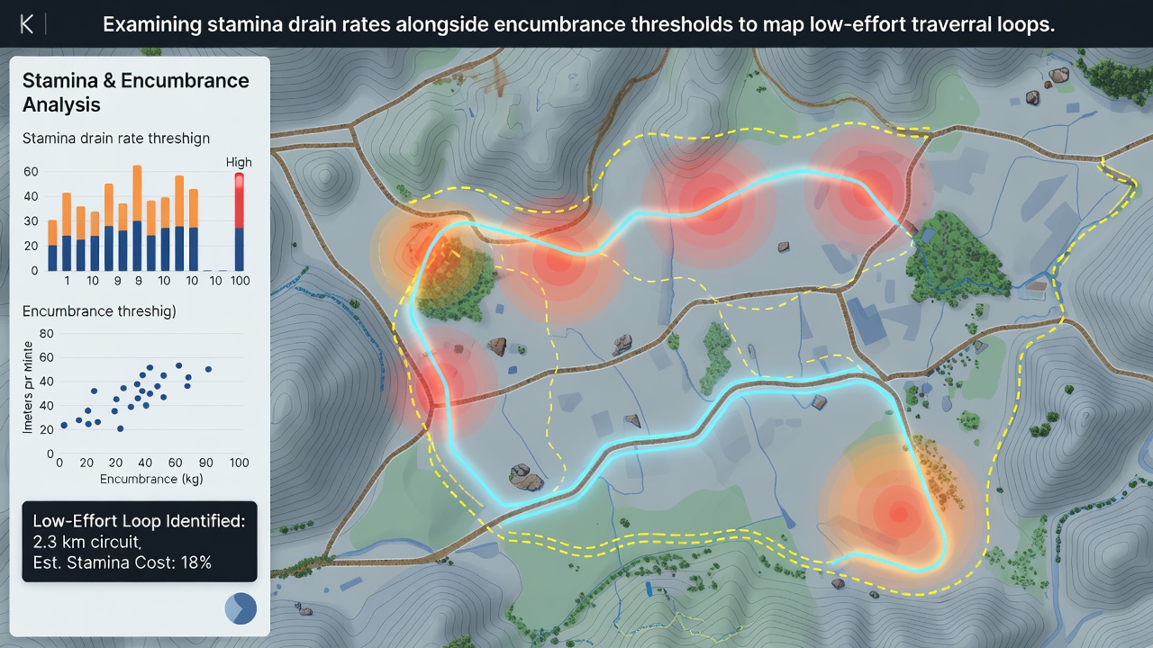 In-game screenshot of a mapped traversal loop highlighting stamina-efficient paths between resource nodes in a persistent survival world