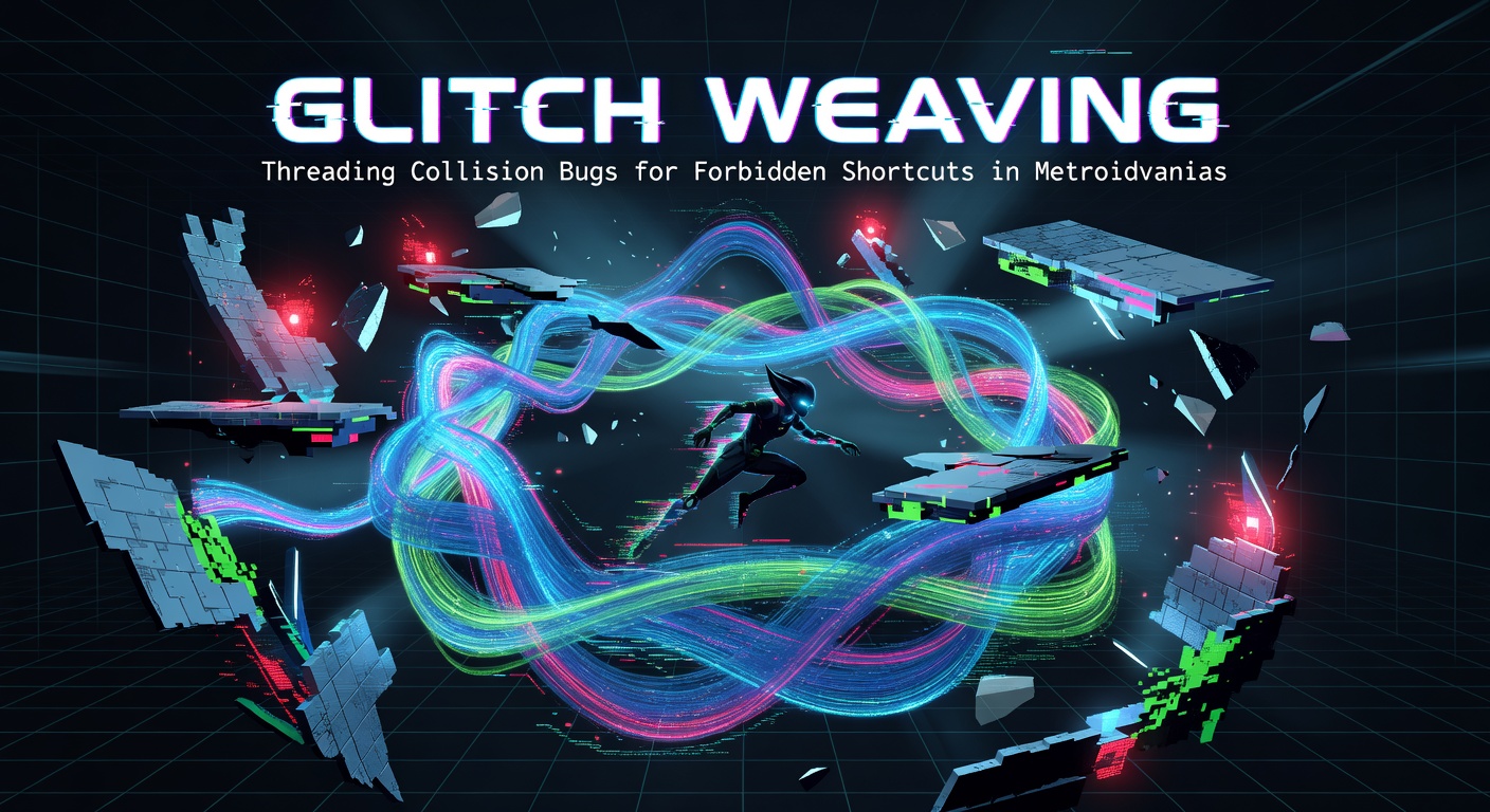 Close-up of a glitch weave sequence showing hitbox misalignment in a Metroidvania level, with trajectory lines overlaid