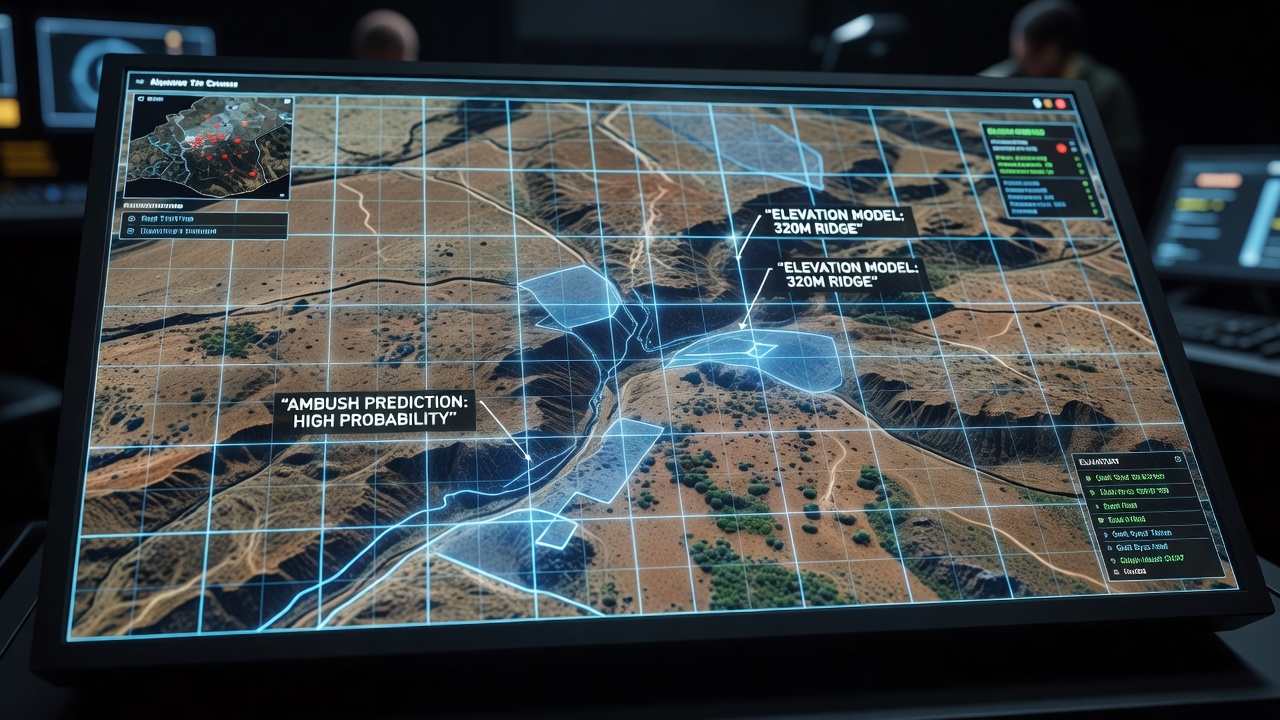 Screenshot of an in-game tactical overlay highlighting predicted ambush cells based on elevation differences