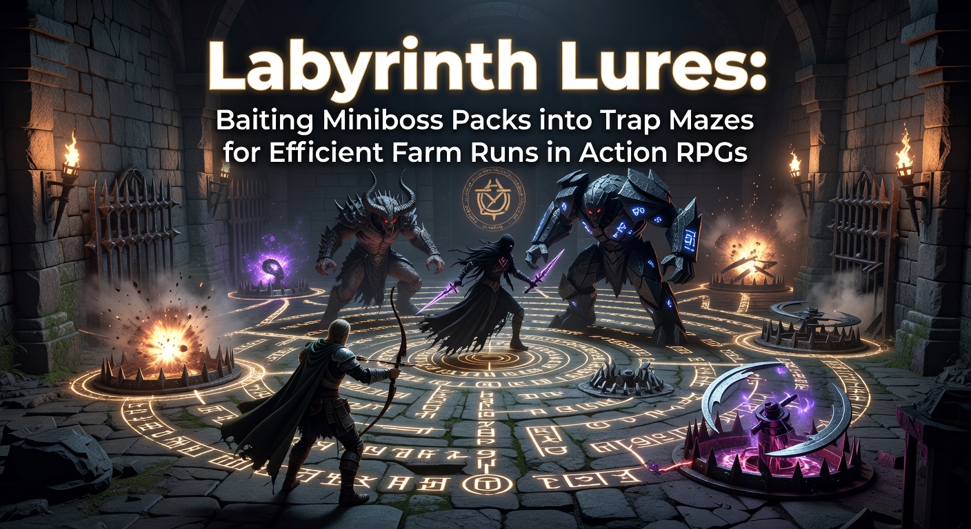 A player character in an Action RPG navigates a dimly lit dungeon maze, luring a pack of glowing minibosses toward spiked traps and explosive runes scattered across the floor