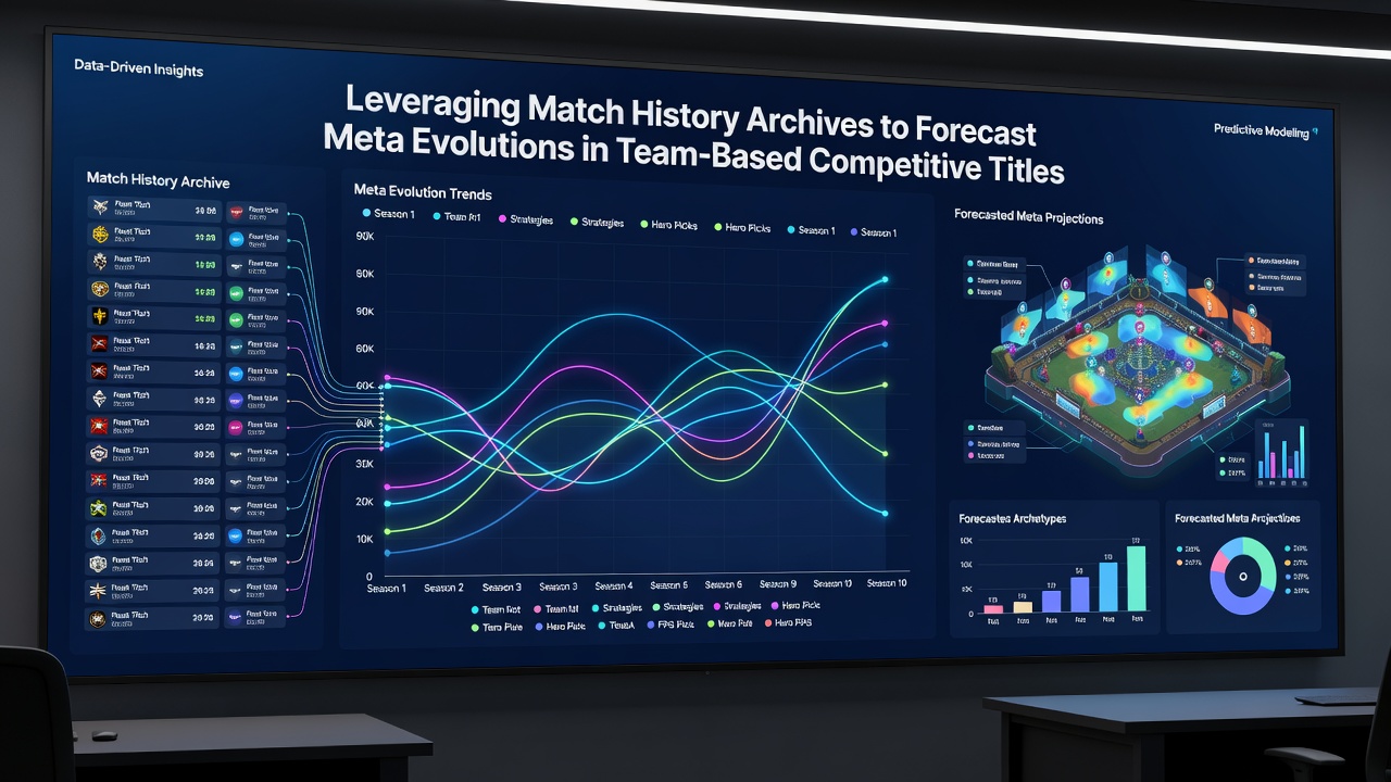 Team reviewing forecasted meta shifts derived from historical match archives during a strategy session