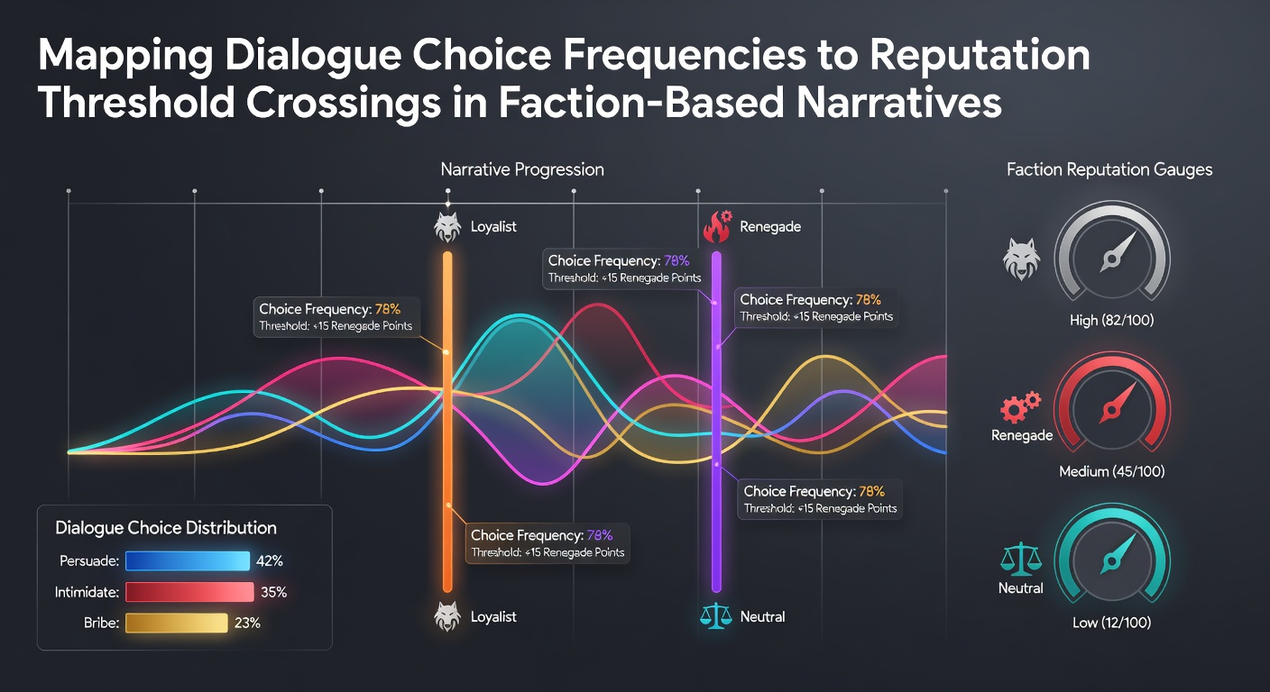 Visual representation of dialogue trees branching into faction reputation meters with frequency heatmaps overlaid on narrative pathways
