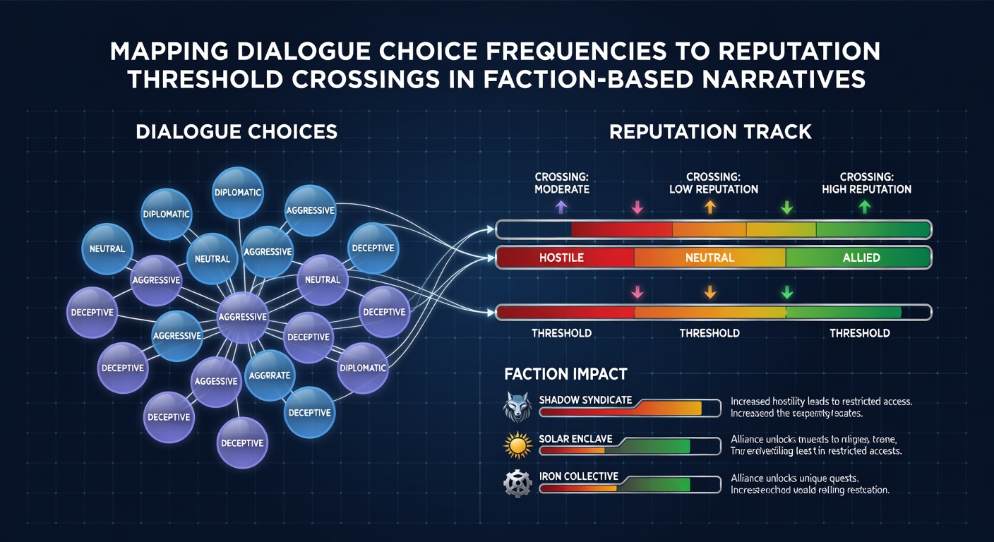 Heatmap visualization showing dialogue selection frequencies aligned with reputation threshold lines in a faction relationship graph