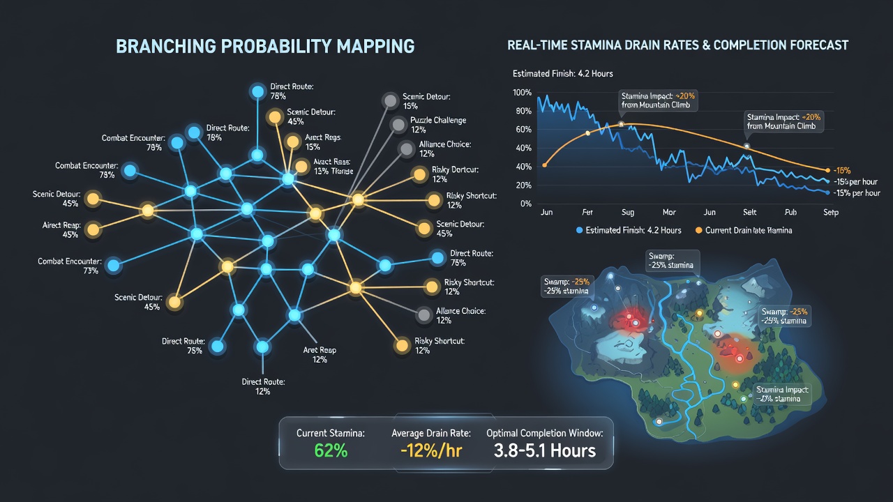 Visual diagram showing quest decision trees overlaid with stamina consumption timelines in an open world environment