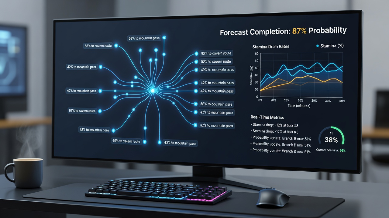 Screenshot of an analytics dashboard displaying stamina drain curves aligned with quest branch probability percentages