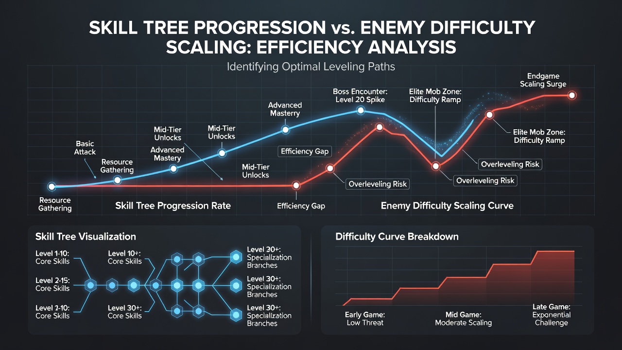 Graph comparing player skill progression against enemy difficulty scaling in fantasy adventure games
