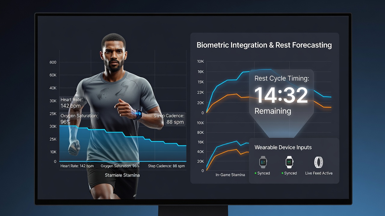 Wearable device syncing biometric data to an endurance simulation game interface showing stamina metrics