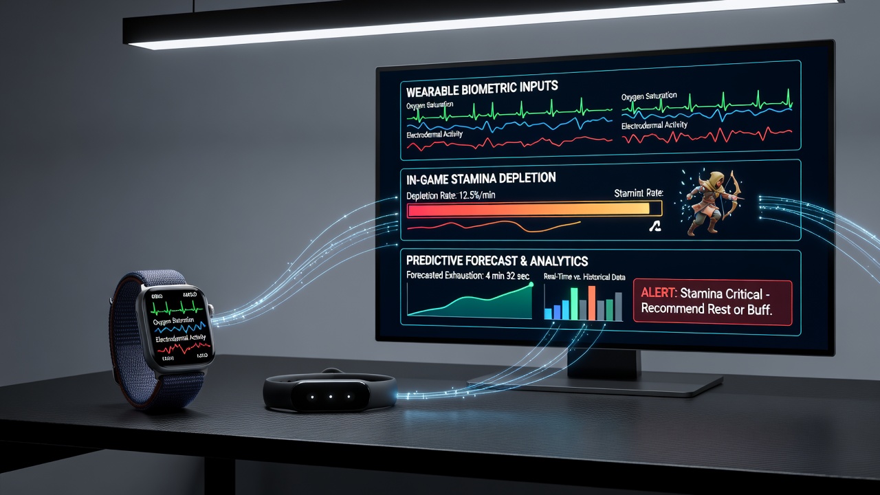 Graph displaying synchronized biometric inputs and stamina depletion over time in a simulation game environment