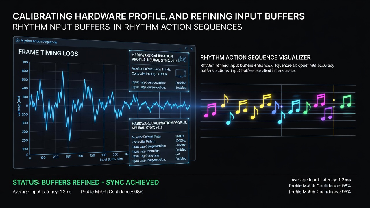 Hardware calibration setup connected to rhythm game console with timing log displays