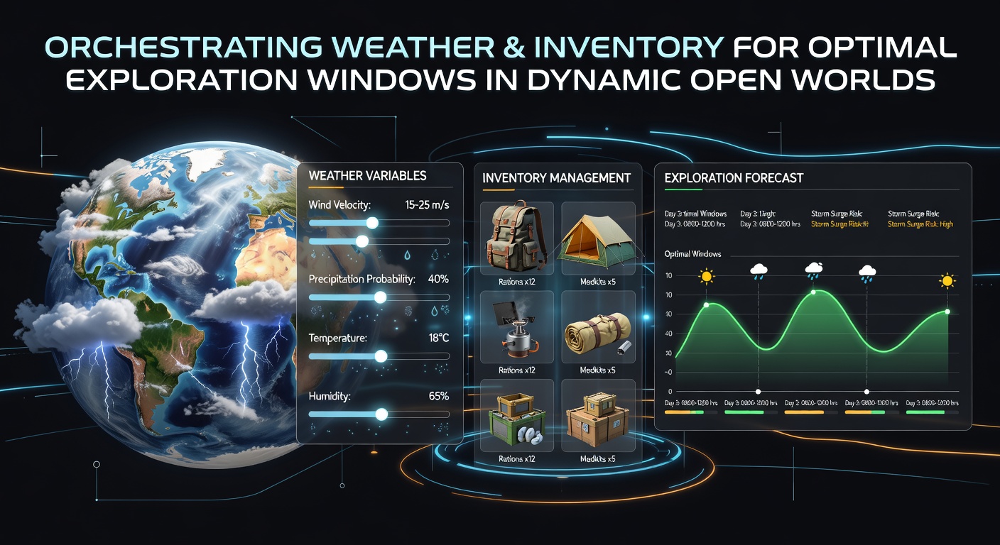 Dynamic open world environment showing weather patterns affecting player inventory choices during exploration