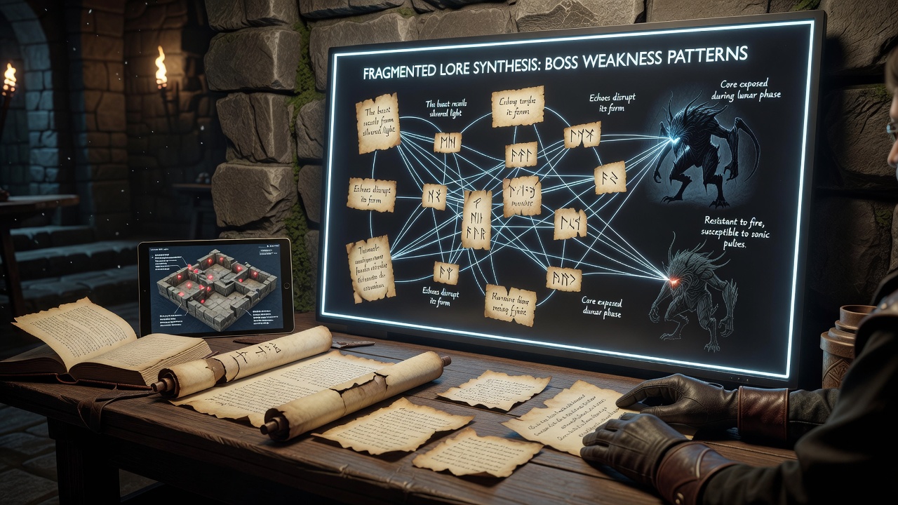 Detailed close-up of handwritten lore notes spread across a desk with highlighted keywords indicating boss elemental weaknesses