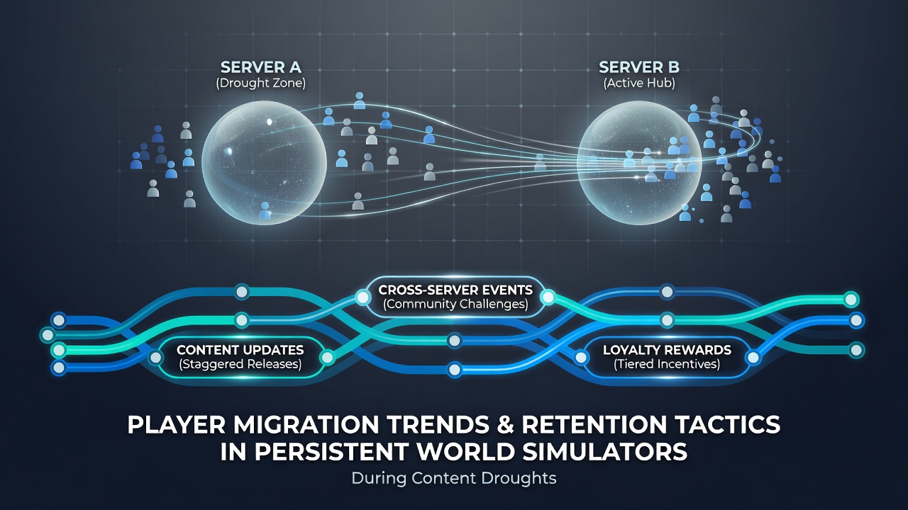 Visual representation of server migration patterns in persistent world simulators during content droughts