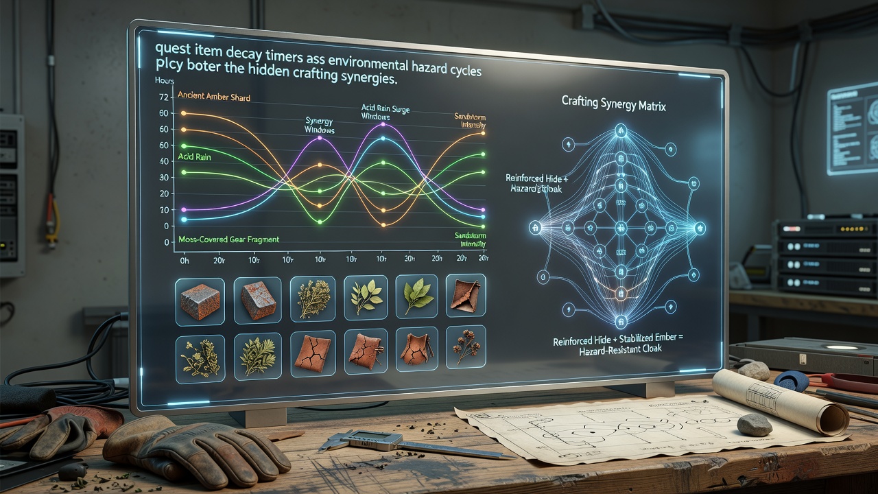 Diagram showing overlaid decay timelines and hazard cycles in a survival crafting simulation interface
