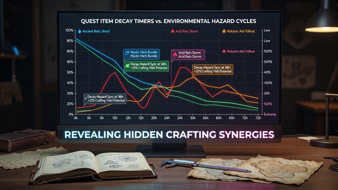 Screenshot of a timeline chart correlating item decay rates with recurring environmental events in a crafting simulation
