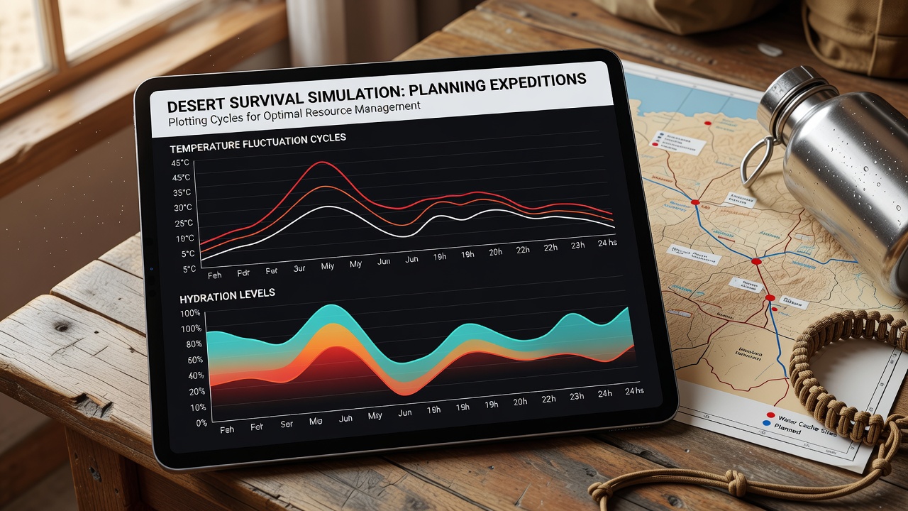 Desert landscape showing temperature and hydration tracking overlays in a survival simulation interface