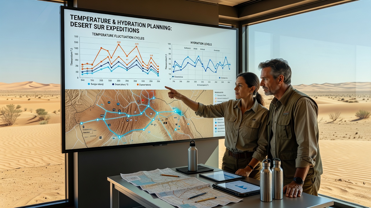 In-game chart displaying plotted temperature cycles and hydration depletion lines for expedition planning