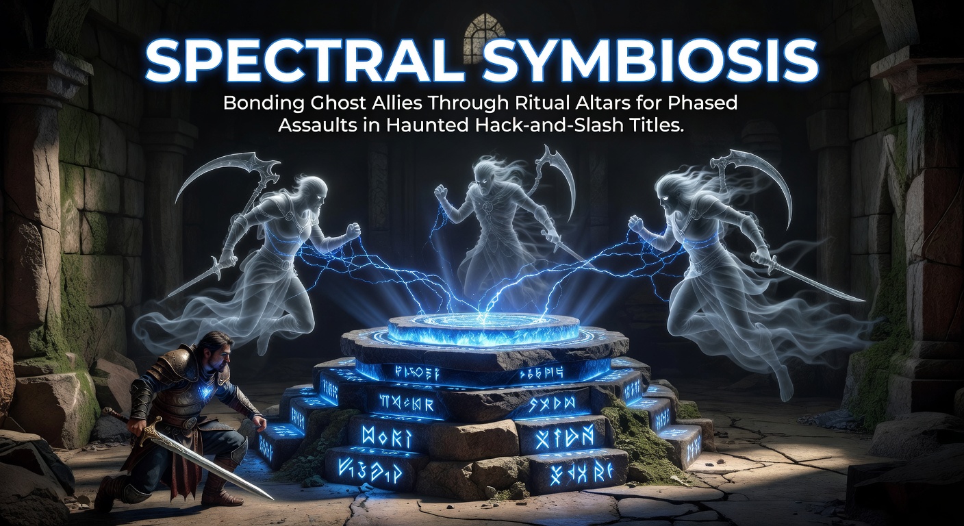 A glowing ritual altar surrounded by ethereal ghost allies in a dimly lit haunted dungeon from a hack-and-slash game, capturing the moment of spectral bonding
