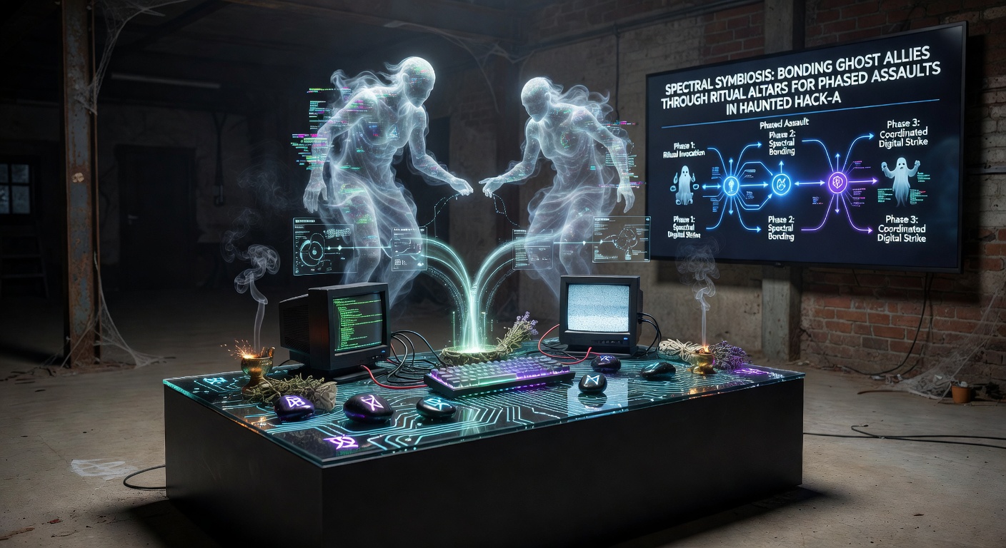 A player character commanding a squad of phased ghost allies launching a coordinated assault on a horde of undead foes in a hack-and-slash title's ritual chamber