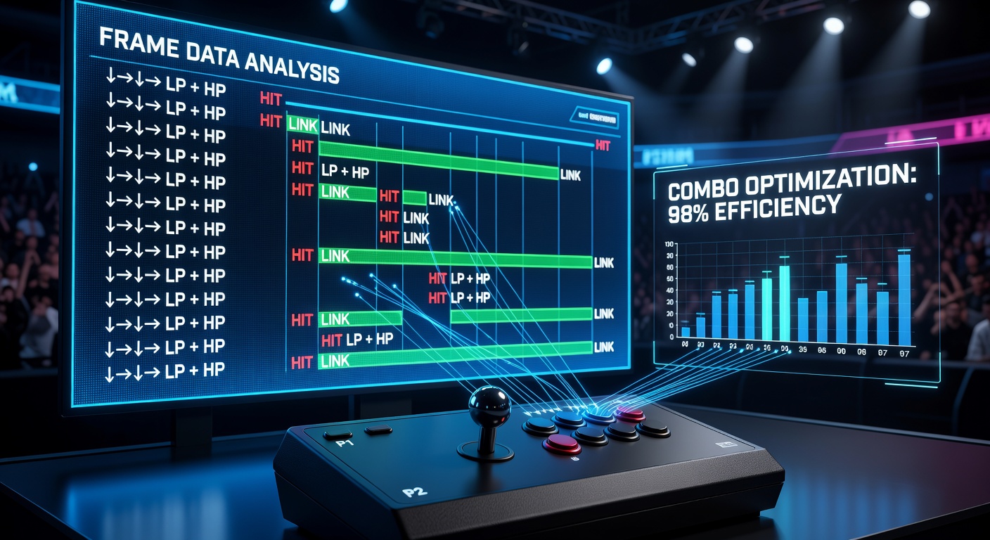 Professional fighting game player executing precise controller inputs during a tournament match while referencing frame data overlays on screen