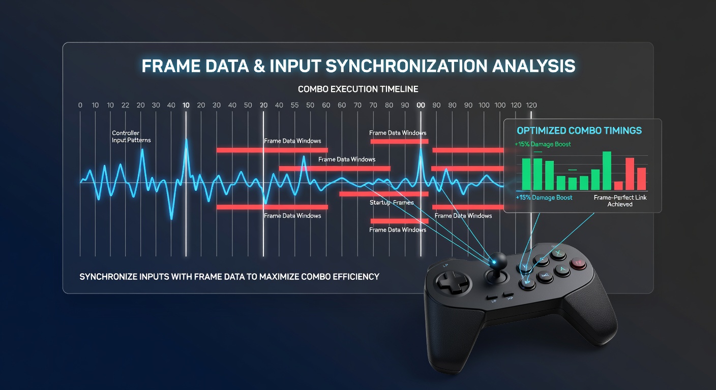 Close-up view of a fight stick controller showing directional inputs aligned with on-screen frame advantage indicators during combo practice