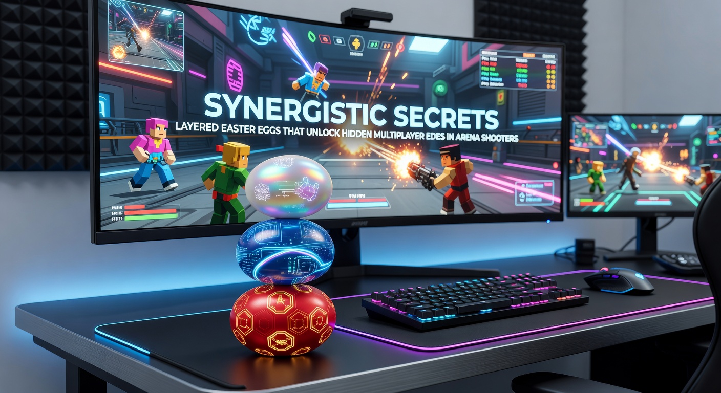 Close-up of a modern arena shooter map showing interconnected easter egg triggers, with power-ups emerging from hidden compartments during a multiplayer match