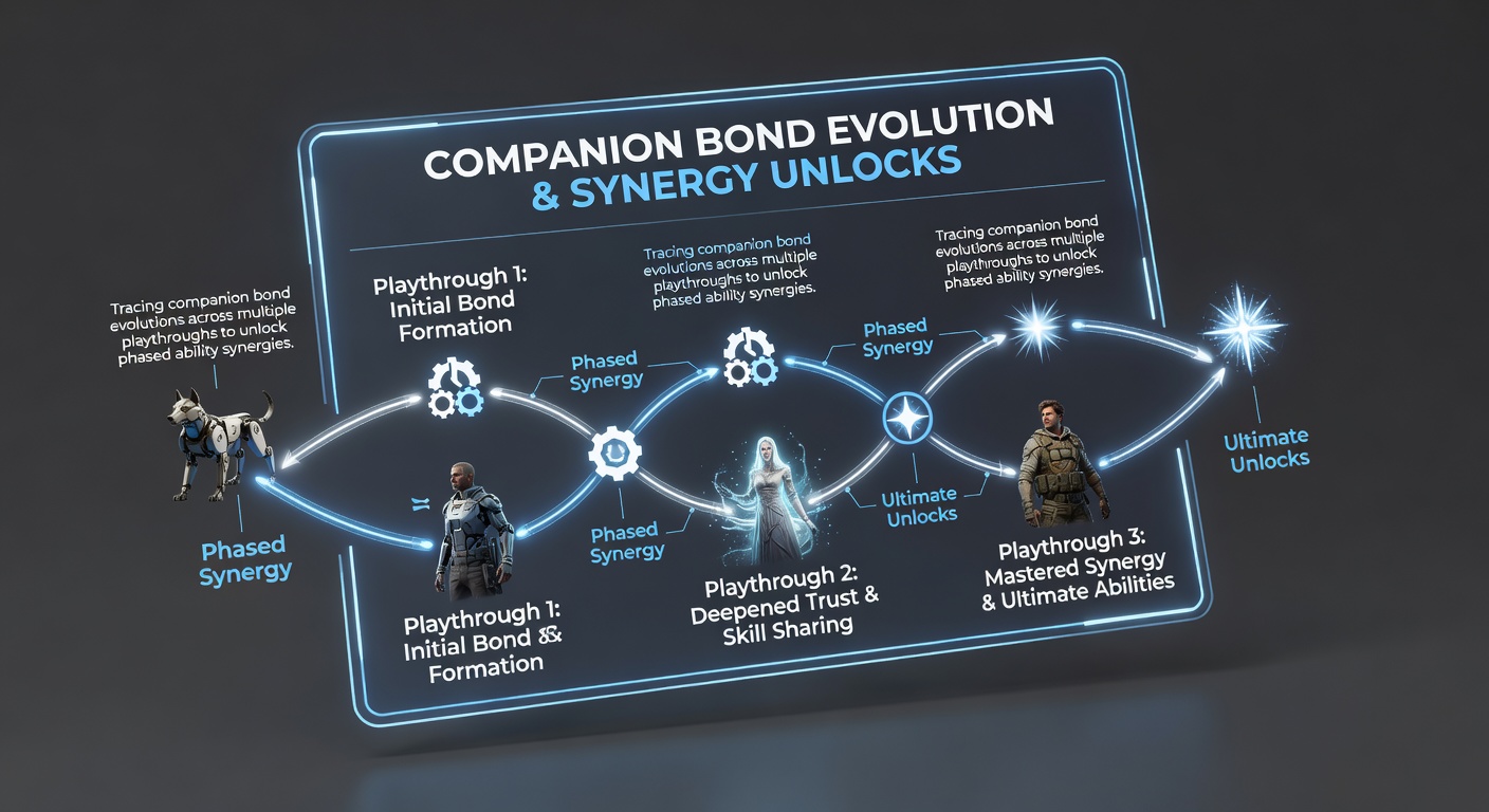 Detailed view of a companion bond evolution tree interface showing phased ability unlocks and synergy paths in a narrative adventure title