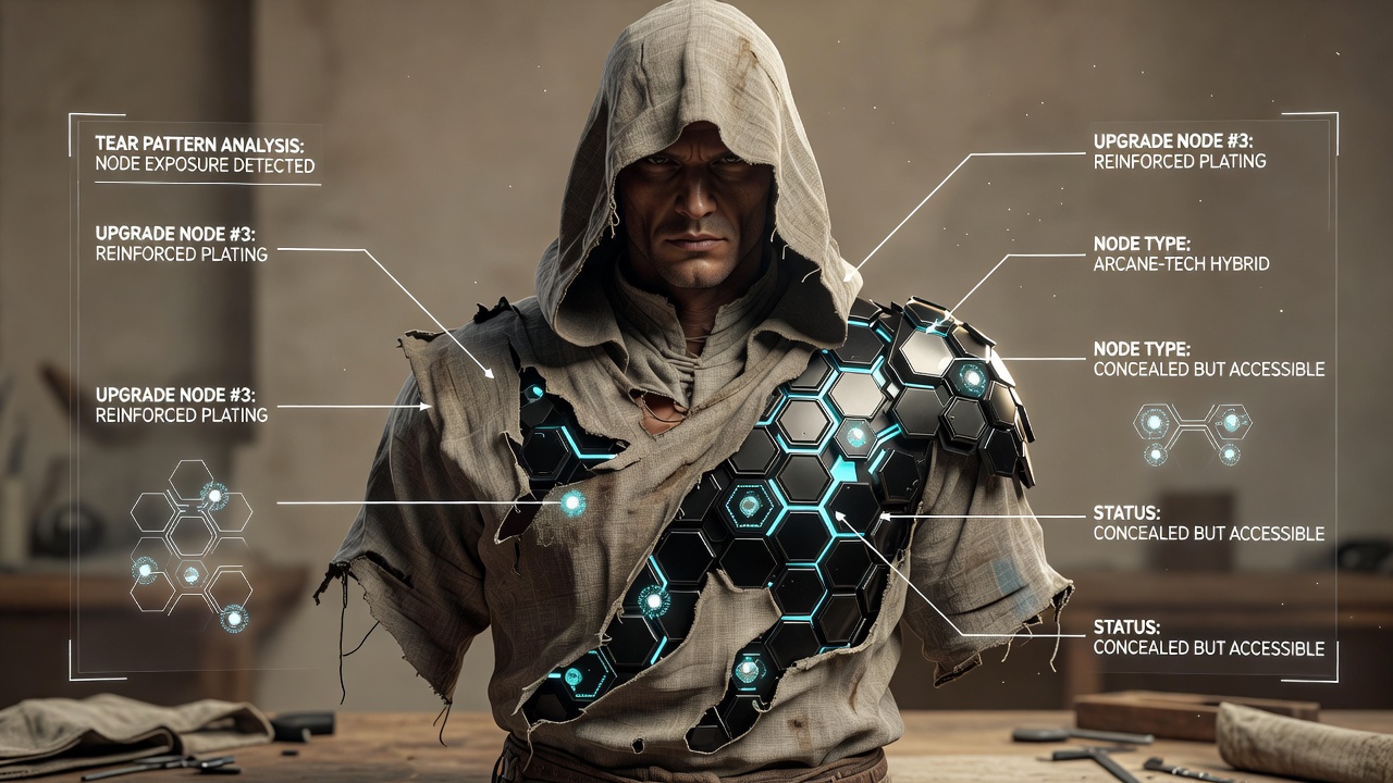 Close-up screenshot of a character model viewer highlighting traced lines along fabric tears that intersect with glowing armor upgrade node markers