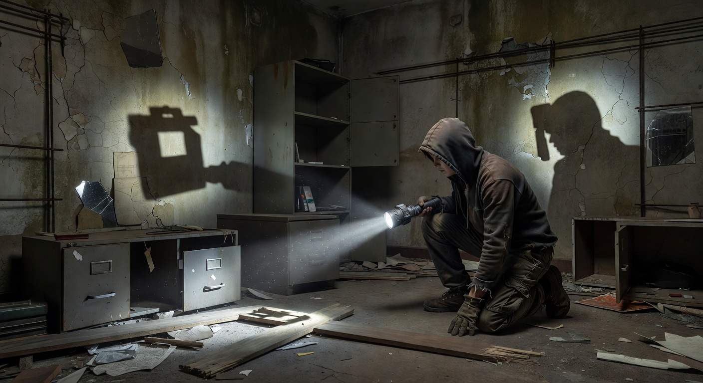 Dynamic shadows revealing hidden items under flickering light sources in a horror survival game environment