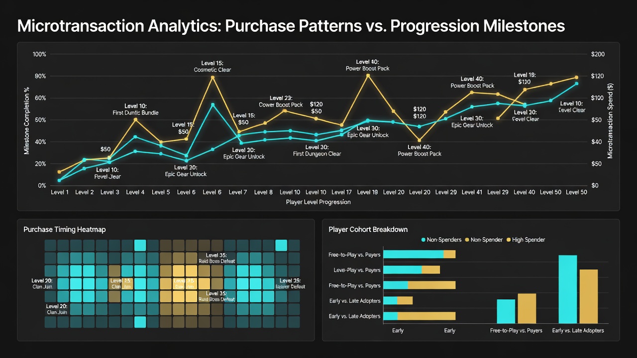 Heatmap of monetization impact zones correlating purchases with specific progression events