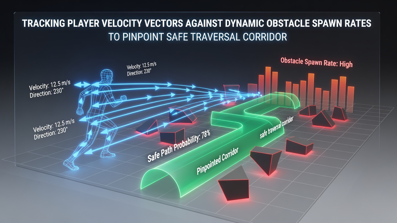 Heatmap overlay displaying identified safe corridors derived from velocity and spawn rate correlations in an endless runner prototype