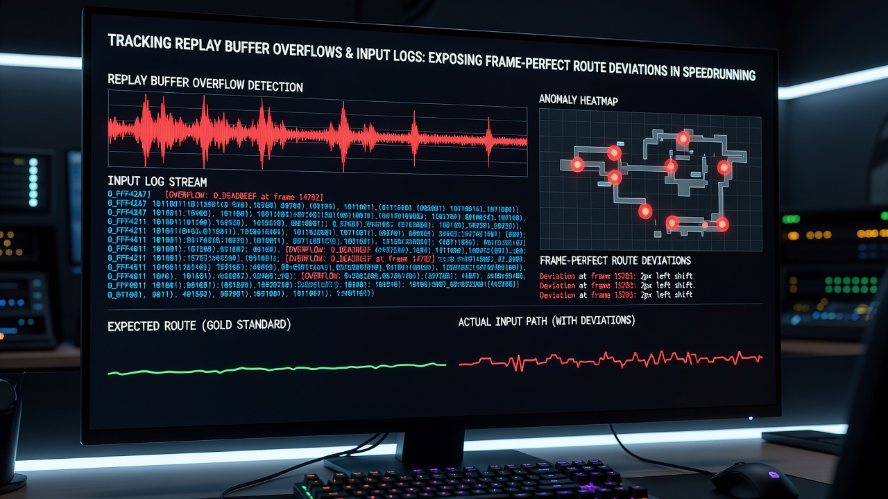 Detailed view of input log comparison highlighting buffer overflow points and resulting route deviations in a speedrun replay