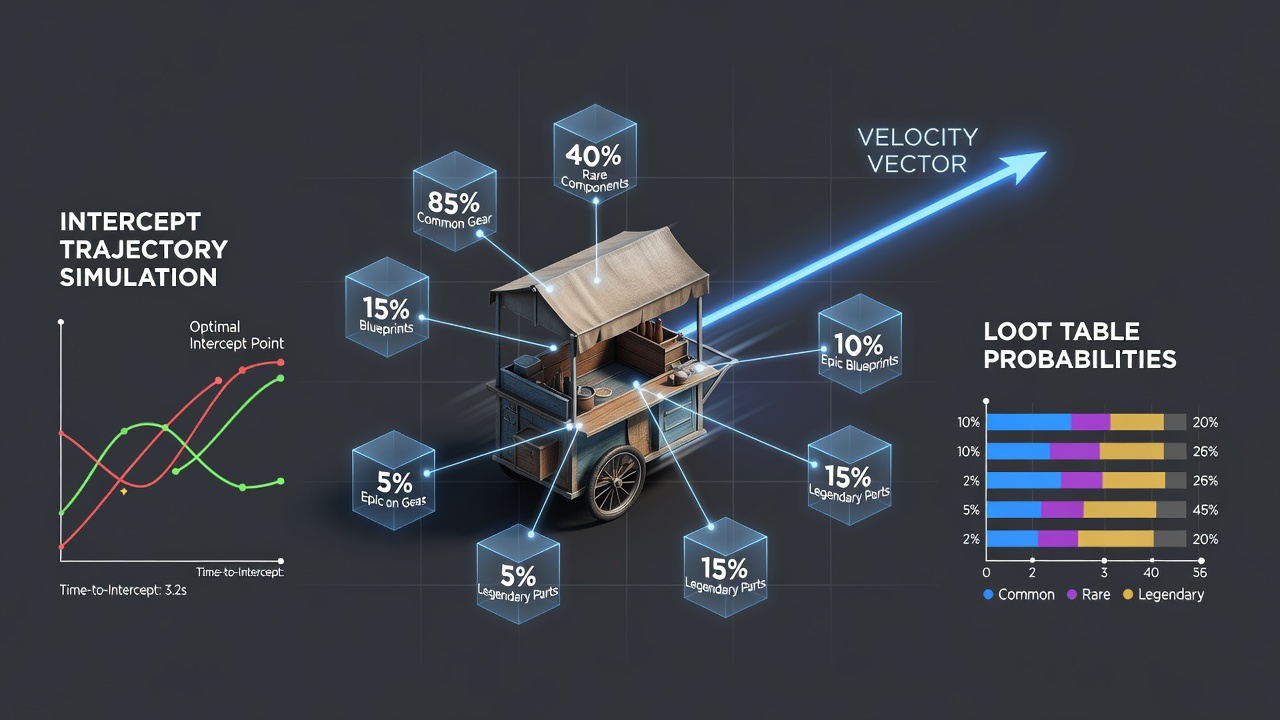 Heatmap visualization merging vendor trajectory lines with color-coded loot probability zones in a survival game world